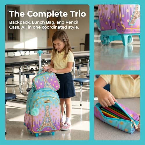 School Bags Kids Rolling Backpack for Girls Kids Luggage Suitcase With Wheels - color: Sky Blue-l