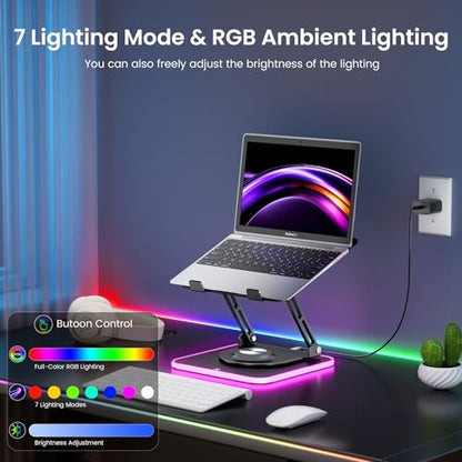 360°Rotating Laptop Stand with RGB Lights, Fits 10-16"Laptops MacBooks | 7-Level RGB Lights, Adjustable Multi-Angle Ergonomic Aluminum Laptop Stand, Foldable & Portable for Home & Office - color: Black
