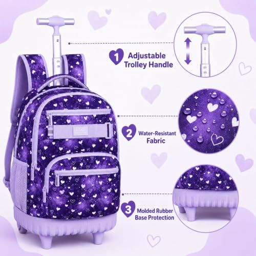 3Pcs Rolling Backpack for Girls, 19" Kids Wheeled Bookbag with Lunch Box, Roller Bag for Elementary Travel (Purple) - color: Starry Sky Purple