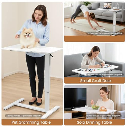 Portable Overbed Rolling Desk, Height Adjustable Mobile Standing Table, Foldable 31 Inch Small Laptop Bedside Desk with Tiltable Desktop, Hidden Wheels, Tray Table for Bed Sofa Side, White - color: White