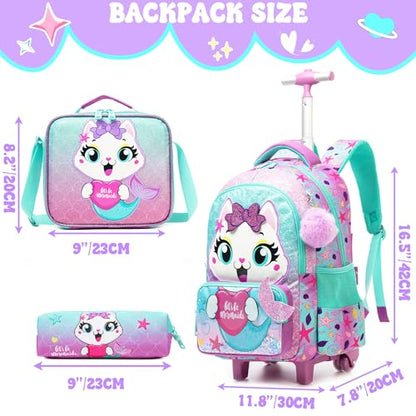 Meetbelify Cute Cat Rolling Backpack with Wheels for Elementary Preschool Students Kids Travel Luggage Carry on Backpack for Girls Ages 6-8 - color: 01 Mermaid Cat