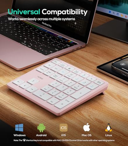 Nulea Wireless Number Pad Bluetooth 5.0 & 2.4G Portable Numeric Keyboard, USB-C Rechargeable, 34-Keys Bluetooth Keyboard for Data Entry (Pink) - color: B-Pink