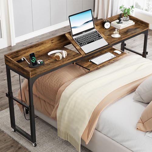 Tribesigns Height Adjustable Overbed Table with Wheels, Queen Size Over Bed Desk with Adjustable Tilt Stand, Mobile Laptop Cart Computer Desk with Outlets & USB Ports (Rustic Brown) - color: Rustic Brown