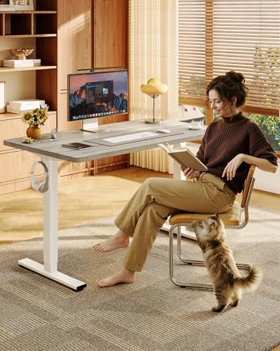 FLEXISPOT EN1 60"x24" One-Piece Standing Desk, Gray Wood | 1" Thick Seamless Desktop, 176 LBS Capacity, Home Office Use, 4 Memory Presets, Dual Monitor Setup, Anti-Collision Protection - color: Gray Wood (White Frame), size: 59.8 x 23.6 in