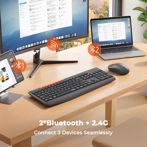 MEETION Wireless Keyboard and Mouse, Silent Full Size Multi-Device Bluetooth Keyboard and Mouse, 9 Multimedia Hotkeys, 3200 DPI Optical Mouse, 90% Less Noise, for Windows Mac PC Desktop Laptop, Black