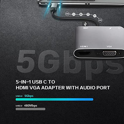 VCOM USB C to HDMI VAG Adapter, 5-in-1 USB C Hub with 100W Power Delivery, 4K HDMI, 1080P VGA, USB 3.0 Port, OTG Adapter Compatible with MacBook Air, iPad Pro, Dell XPS, Surface Pro (Grey) - color: Grey