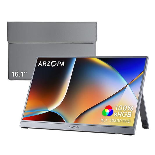 ARZOPA 16.1" Portable Monitor Gray, 100% sRGB FHD 1080P Kickstand & PU Sleeve Bag Combination