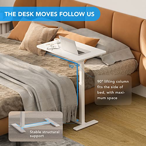 FLEXISPOT H7 Adjustable Overbed Bedside Table with Wheels Pneumatic Mobile Standing Laptop Desk Rolling Computer Cart Movable Overbed Table Hospital Home Use (31.5" W x 17.7" D, White Large) - color: White, size: Large