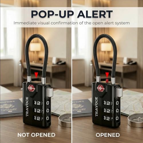 TRAVOCE TSA Approved Luggage Locks - Heavy Duty 3 Digit Combination Cable Lock, Search Alert for Suitcases, Backpacks, Golf Bags, Tents, Violin and Camera Cases, 4 Pack, Black - color: Black 4 Pack