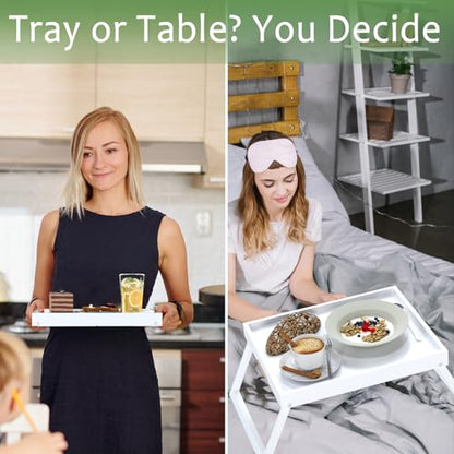 Bamboo Bed Tray Tables with Folding Legs, Medium, 2-Pack, White | Two FSC-certified bamboo bed trays with folding legs, handles and raised edges for meals, laptops, reading and serving. - color: White, size: Medium - 2pc