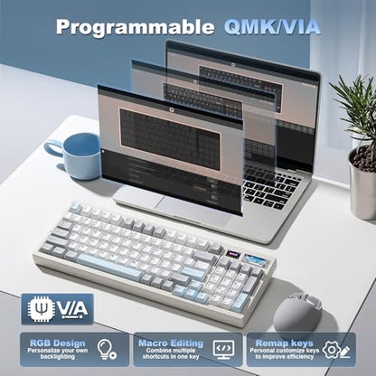 YUNZII IF99 96% Wireless Mechanical Keyboard (White, Cocoa V2) | QMK/VIA Keyboard with LCD Display,Custom Magnetic Badge,8000mAh Battery,Hot Swap Gasket,RGB,for Gaming/Mac/Win - color: White, size: Cocoa Cream V2 Switch