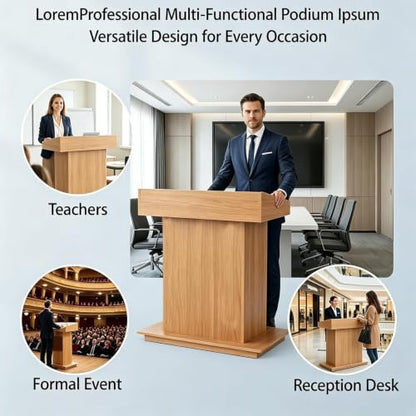 Podium Stand, Podium with Wheels, Floor Standing Speaking Poidum Lectern Stand, Church Pulpit with Storage, Office Wooden Reception Desk, Host Stand for School Conference | Natural - color: Natural