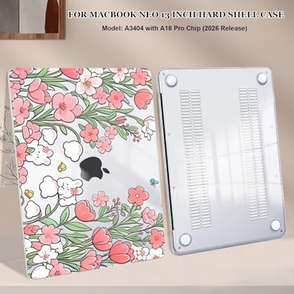 Compatible with MacBook Neo 13 inch Case 2026 Release A3404 Cover, Ultra-Thin Pattern Plastic Hard Shell Case Keyboard Cover Screen Protector Dust Plug, Flowers & Cute Rabbits - color: Flowers & Cute Rabbits
