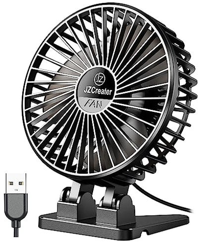 JZCreater USB Desk Fan, Mini Portable, 3 Speeds Desktop Table Cooling, Plug in Power, Rotation Strong Wind, Quiet Personal Small for Home Office Travel Bedroom, Black - color: Black Black
