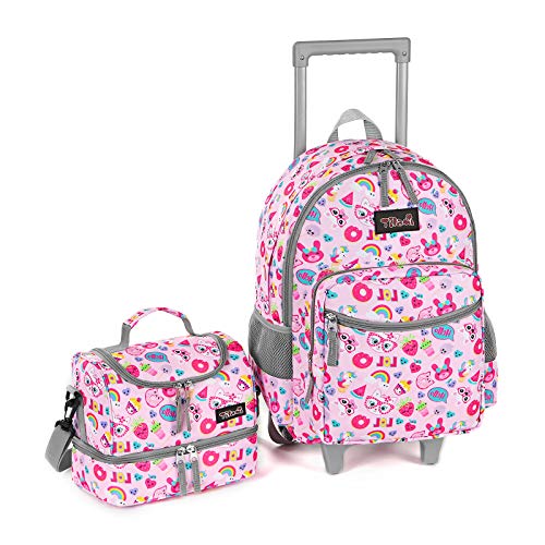 Tilami Rolling Backpack 18 inch Double Handle with Lunch Bag Wheeled Kids Backpack for Girls and Boys, Pink Cat - color: Pink Cat