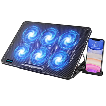 Laptop Cooling Pad, Laptop Cooler with 6 Quiet Fans for 12-17 Inch Notebook Gaming Fan Stable Stand, 7 Height & Wind Speed Adjustable, 2 USB Port & Phone Holder (Black) - color: Black 6 Fans