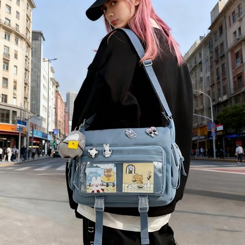 Kawaii Crossbody Ita Bag for Women with Pin and Plush Penguin, Cute Messenger Bag Japanese Crossbody Bag Y2K Purse - color: Blue, size: Large-Fit Laptop