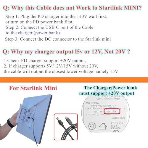 Starlink Mini Power Cord, Work with 100W PD Charger and PD Power Bank for Starlink Mini (10ft) - size: 10 Feet