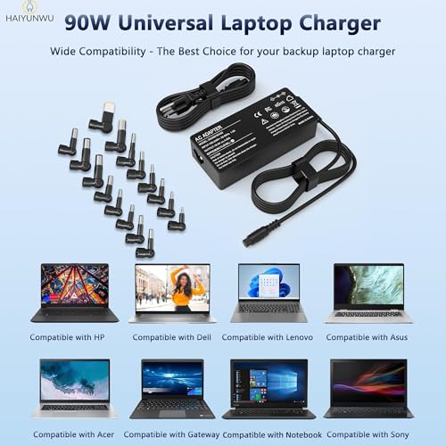 90W Universal Laptop Charger AC Adapter | Compatible with HP Lenovo Dell Acer Asus IBM Sony Gateway Fujitsu notebooks & Chromebooks. Includes 17 tips.