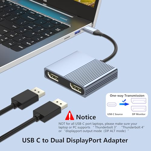USB C to Dual Displayport Adapter for Mac/Dell/HP Laptop, 4K@60Hz Displayport Splitter 1 in 2 Out for Dual Monitors Extended Display, USB C to Display Port Cable, Dual Monitor Adapter, MST Hub