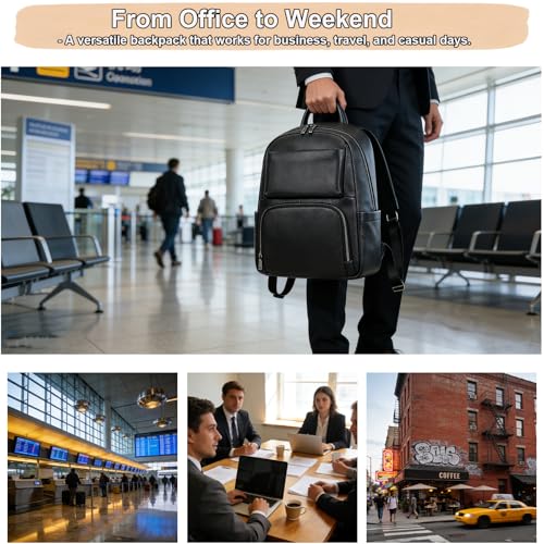 Genuine Leather 15.6 Inch Laptop Backpack for Men, Multi Pocket Casual Daypack Shoulder Bag for Business Travel Outdoor, Black - color: Black