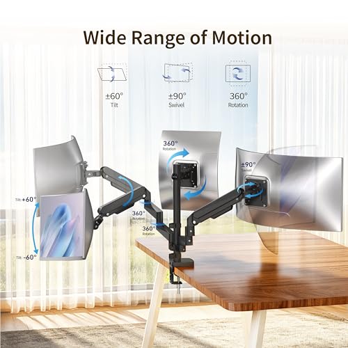 Ergounion Triple Monitor Mount for 13-32" Screens, with Long Monitor Arm | Wide 3-section arm, 19.8 lbs/arm, aluminum, full motion tilt/swivel/rotate, VESA 75/100 quick-release install, cable channels