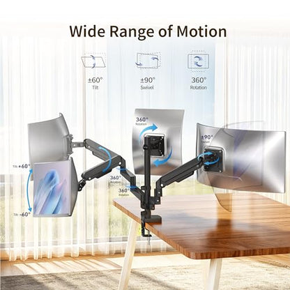 Ergounion Triple Monitor Mount for 13-32" Screens, with Long Monitor Arm | Wide 3-section arm, 19.8 lbs/arm, aluminum, full motion tilt/swivel/rotate, VESA 75/100 quick-release install, cable channels