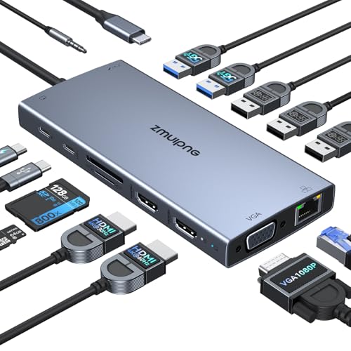 USB C Docking Station Dual Monitor HDMI for Dell HP, Laptop Docking Station USB Type C Hub Multiport Adapter Dongle Thunderbolt 3 USB-C to 2 HDMI,Ethernet,VGA,4 USB,PD,SD/TF,Audio for Lenovo,Surface