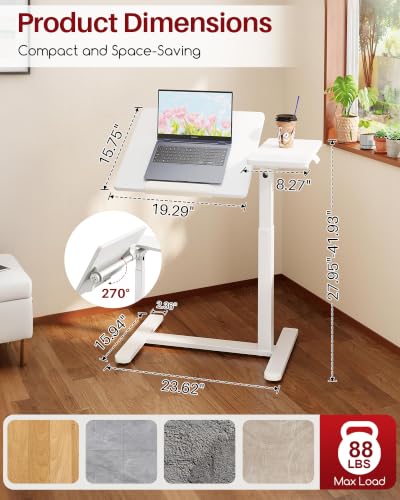 Overbed Bedside Table with Wheels, 27.9-41.3" Pneumatic Height Adjustable | 300° Tilting Desktop Fits Either Side of Bed, Rolling Standing Desk with Hidden Wheels, for Home, Hospital or Bedroom