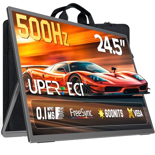 UPERFECT QLED Portable Gaming Monitor 500Hz 24.5'' Monitor, FreeSync 0.1ms, 125%sRGB 2000:1 600Nits, Built-in Stand, Speaker and VESA Mountable DP1.4 USB C HDMI Second Screen for Laptop, Game Console - size: 24.5''