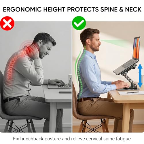 Laptop Stand with Cooling Fan, 360° Rotating Base Aluminum Laptop Riser, Foldable Ergonomic Computer Stand for Desk, Height Adjustable Notebook & All Laptops Up to 17.3" (Black) - color: Black