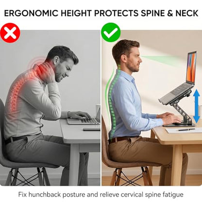 Laptop Stand with Cooling Fan, 360° Rotating Base Aluminum Laptop Riser, Foldable Ergonomic Computer Stand for Desk, Height Adjustable Notebook & All Laptops Up to 17.3" (Black) - color: Black