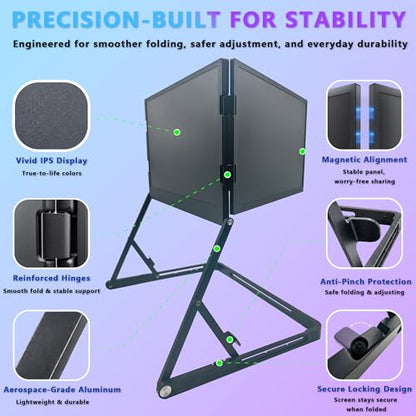 Laptop Triple Screen Extender, 14" Freestanding Triple Portable Monitor for Laptop, 1080P FHD IPS, 1 USB-C Connection for 4 Screens, Foldable Triple Screen for Work & Travel