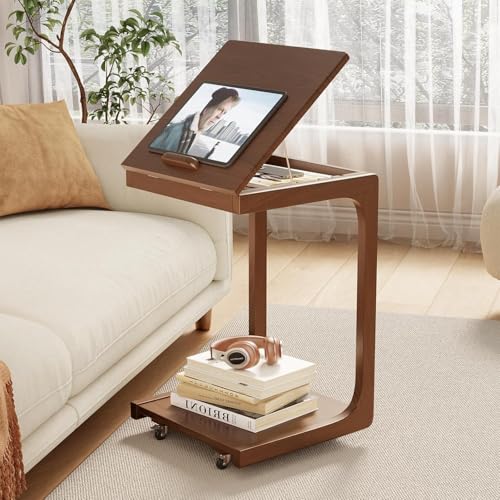AQIMUELE Wooden C-Shaped End Table,Couch Table with Adjustable Desktop,Small Rolling Side Table with 2 Lockable Wheels,Small End Table for Couch, Living Room,Bedroom (Walnut) - color: Walnut, size: 15.6"D x 15.7"W x 24.8"H, style: Modern 2 Tier