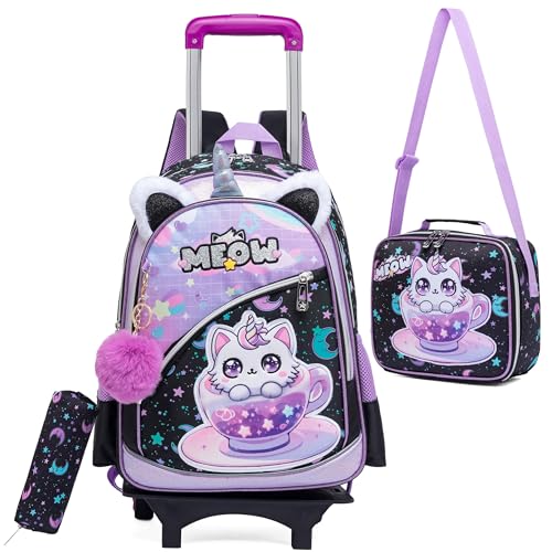 Trolley Backpack for Girls Kids,Rolling Backpack with Wheels Lightweight,Wheeled School Bookbag for Elementary Middle School - color: Black Cat