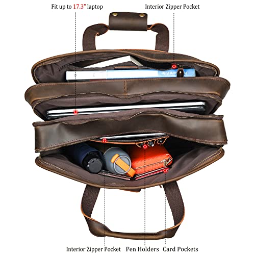 Polare 18.5” Full Grain Leather Laptop Briefcase Messenger Bag Tote For Men Large Fits 17.3” Laptop - color: Dark Brown(x-large)