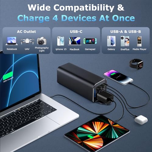 Portable Power Bank, 100W AC Outlet Laptop Charger, 98Wh/27000mAh High Capacity with 65W PD USB C Laptop Battery Bank, Backup Power Source for Business Travel and Outdoor Activities