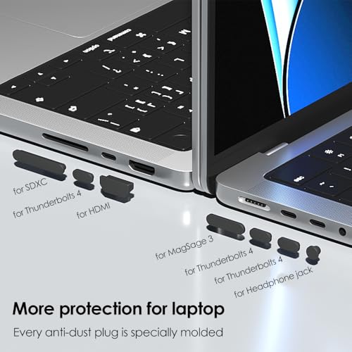 ProElife 21-Pcs Anti Dust Dirt Plug for MacBook Pro 14 16 M5 M4, Black | Protective Laptop Silicone Anti Dirt Protective Cover, Durable & Reusable, Custom Fit Design, Easy to Apply and Clean - color: Black