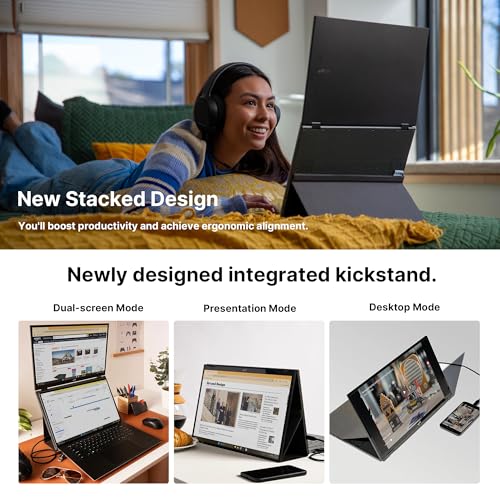 New Mobile Pixels Duex Float 2 Pro 2.5 K Portable Monitor, 16" Laptop Screen Extender (Built-in Kickstand), USB C/HDMI Stacked Monitor Extender with Dual Speakers, Windows, MacOS, Switch, Android