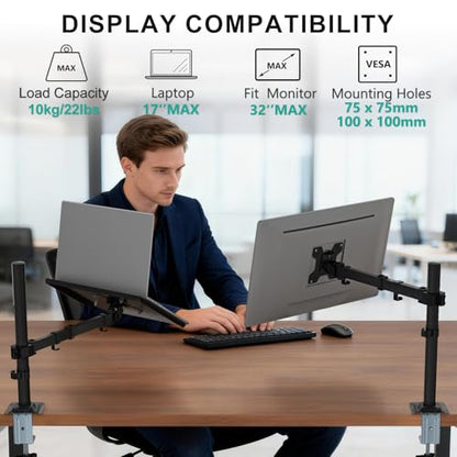 WALI Laptop Desk Mount for 17 inch Notebook, Adjustable Single Monitor Arm with Laptop Holder for 32 inch Screen, Laptops Stand with Ventilated Tray, Up to 22 lbs, (M00LP), Black - size: Single, style: Adjustable Desk Mount
