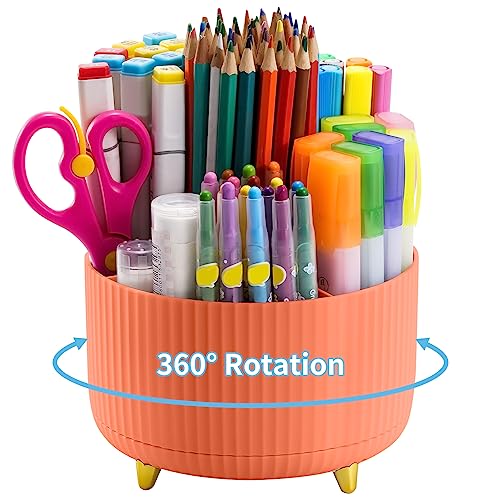 Marbrasse Desk Organizer, 360-Degree Rotating Pen Holder, Desk Organizers and Accessories with 5 Compartments Pencil Holder, Art Supply Storage Box Caddy for Office, Home（Orange） - color: Orange