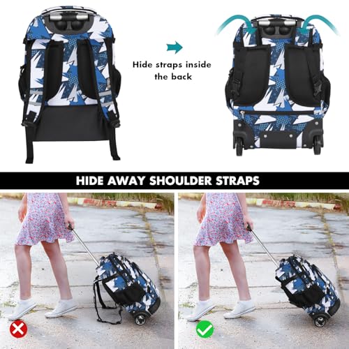 Tilami Rolling Backpack & Lunch bag for Kids 19 Inch Wheeled Bookbag for Boys & Girls for School & Travel,Arts Blue - color: Arts Blue