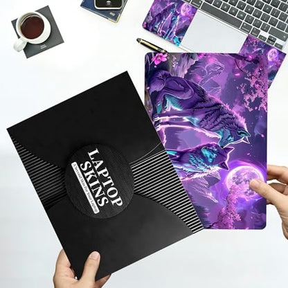 Universal Laptop Skin Sticker with 2 Wrist Pad Decals, 3-Piece Removable Vinyl Laptop Cover, Purple Moon Wolf Waterproof Anti-Scratch, Easy-Trim Fit for 13.3" 14" 15.6" Laptops - color: Purple Moon Wolf