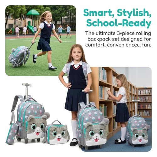 Kids Fluffy Cat Rolling Backpack for Girls, Bookbag Wheeled Gray | Trolley Suitcases Luggage, Travel with Wheels, 3PCS Roller Backpacks Set, Toddler School Bags, Elementary Back Pack - color: Gray-0121-maomi