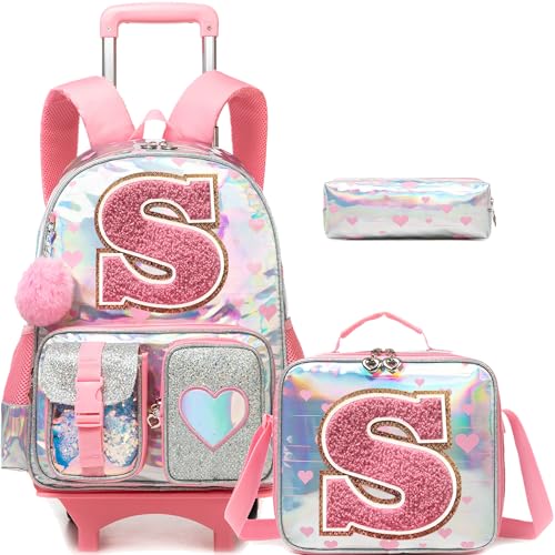 HTgroce Cute Rolling Backpack with Wheel,School Backpack for Kids Girl Roller Schoolbag Wheeled Backpacks Set Carry-on Luggage,Pink S - color: Pink, style: S
