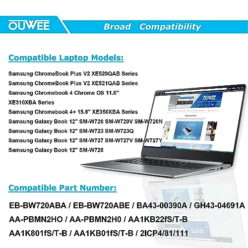 EB-BW720ABA EB-BW720ABE Laptop Battery Compatible with Samsung Chromebook 4 11.6" XE310XBA, 4+ 15.6" XE350XBA-K01US XE350XBA-K02US, Chrombook Plus V2 XE520QAB XE521QAB