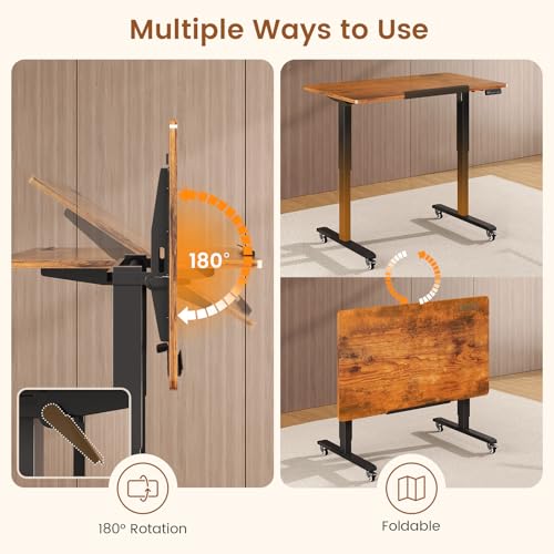 SEDETA 47 x 24 Inches Electric Standing Desk, 180° Tiltable Mobile Rising | Computer Desk Height Adjustable with Wheels for Drawing/Writing/Gaming/Study/Home Office/Small Space, Rustic Brown - color: Rustic Brown, size: 47 x 24 Inches