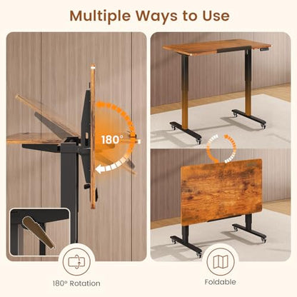 SEDETA 47 x 24 Inches Electric Standing Desk, 180° Tiltable Mobile Rising | Computer Desk Height Adjustable with Wheels for Drawing/Writing/Gaming/Study/Home Office/Small Space, Rustic Brown - color: Rustic Brown, size: 47 x 24 Inches
