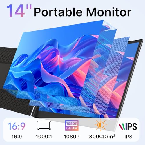 Laptop Screen Extender - Ultra-Thin 1.3lbs 14" FHD IPS Dual Portable Monitor Extension for Laptop, Attachment Plug & Play for 13-17" Laptops, Second Extra Travel Display for Windows/Mac/Android - size: 14"