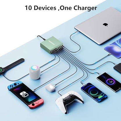 320W USB C Charger Block, 10-Port GaN USB C Charging Station Green | PD 65W Laptop Fast Charger Adapter for MacBook Pro/Air, DELL, iPad, iPhone, Samsung Galaxy - color: Green